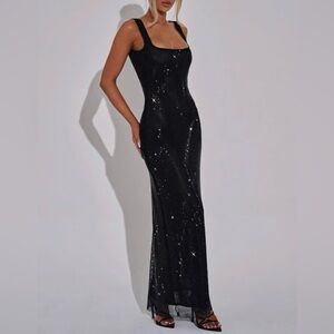 Elegant Black Evening Gown - Bodycon Mesh - Rhinestone on Mesh - SEXY